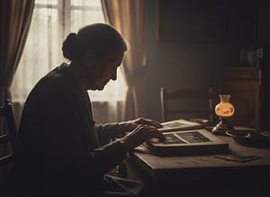 Firefly une silhouette dune personne femme agee regardant un vieil album de photos. Lobject 816764 - LP Généabox